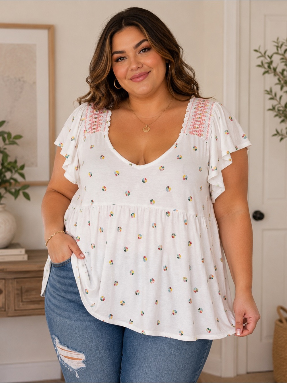 TORRID Cream Flutter Sleeve Embroidered Babydoll Top